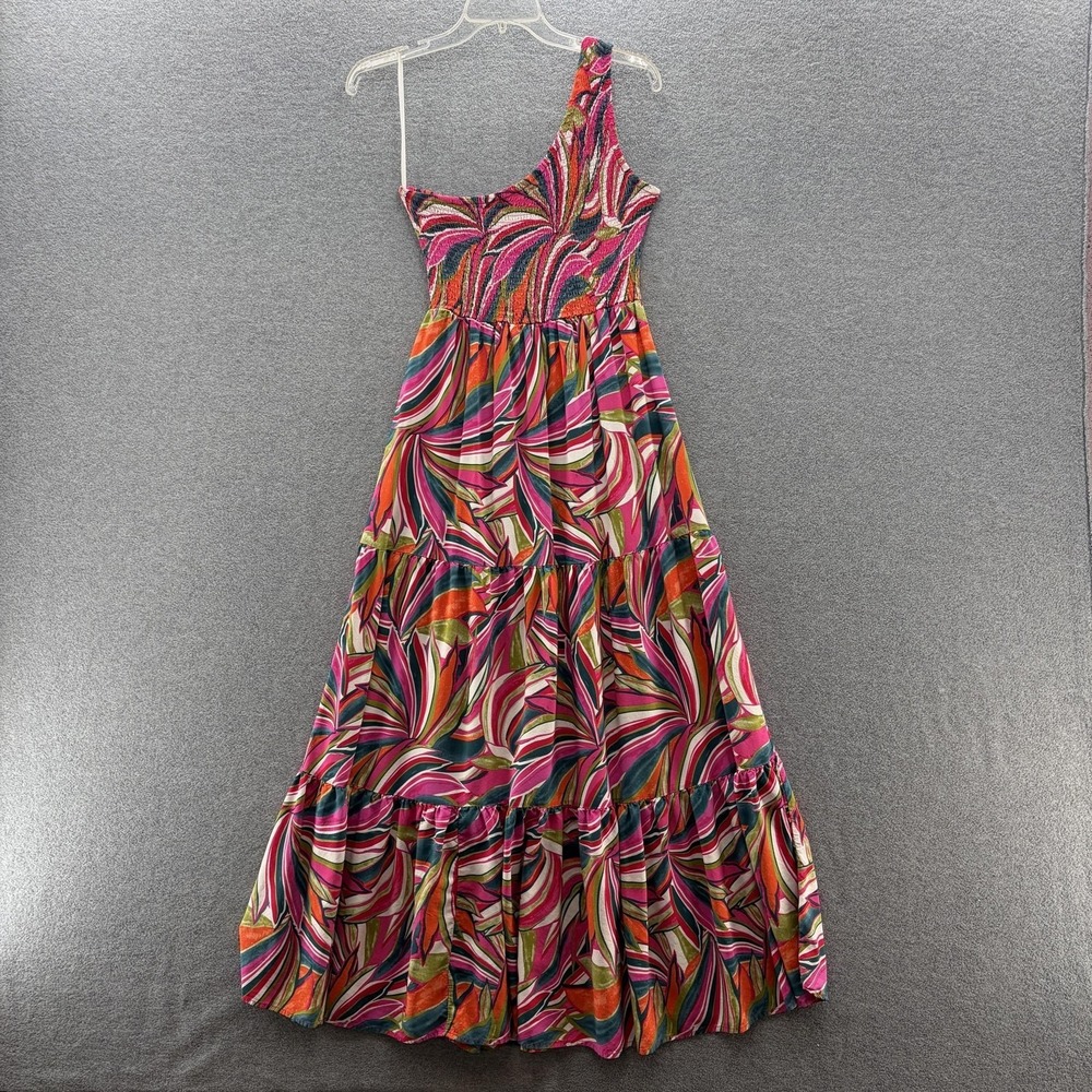 Abel The Label Dress Medium Pink Geo One Shoulder Maxi Smocked Tiered Sundress